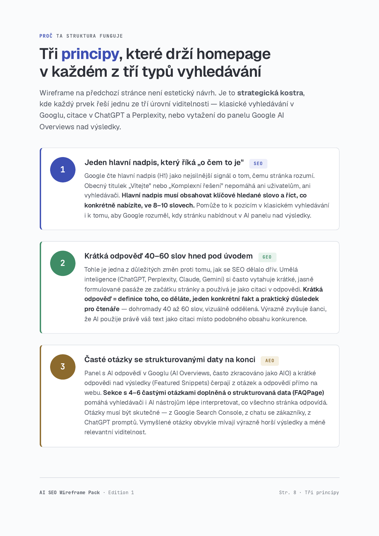 Ukázka strany 8 master PDF — tři principy SEO/GEO/AEO color-coded
